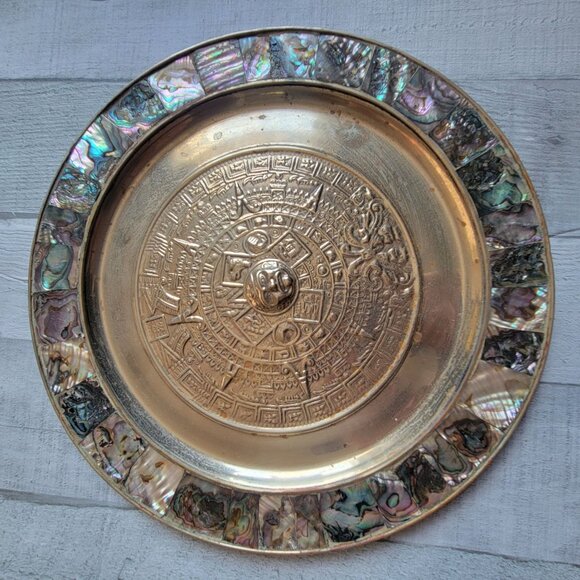 Mexican Aztec Mayan Calendar Silver Plate With Abalone Inlay - Picture 3 of 7